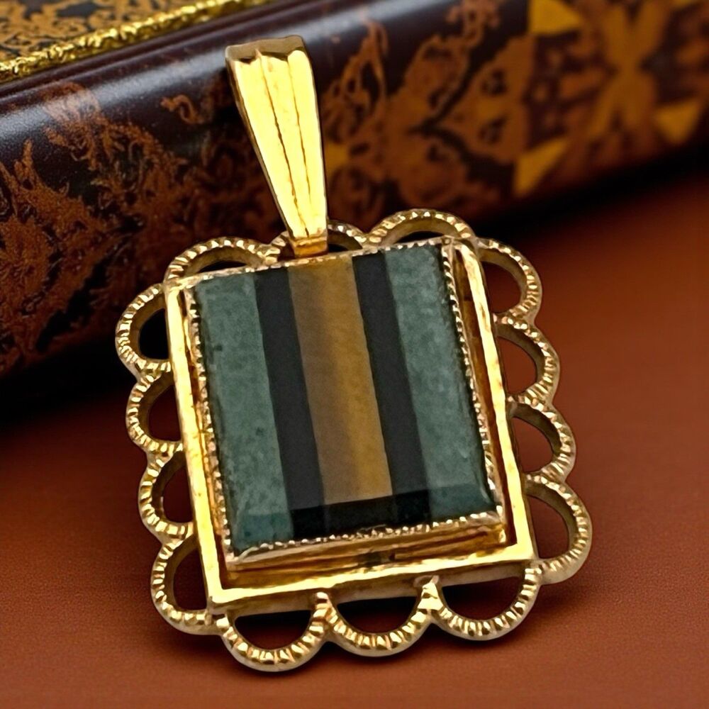 Vintage 1950s Inlaid Stone Pendant Tiger Eye Onyx Jade Gold Filled MCM - 7S